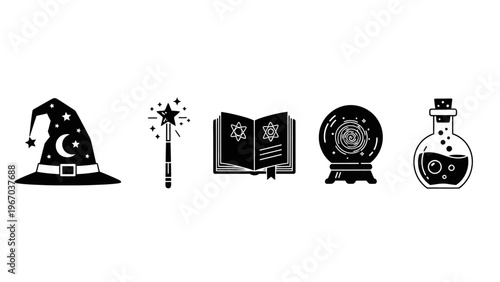 Magical and mystical icons representing witchcraft magic and science themes in minimalistic black
