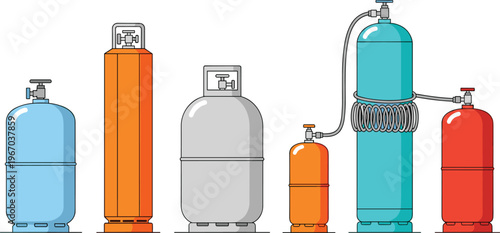 Gas cylinders set, industrial propane tanks, oxygen storage containers, fuel pressure equipment vector, energy supply system illustration, safety storage design