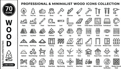 A comprehensive collection of professional and minimalist wood icons for various design projects Ai, eps, jpg, transparent background, eps