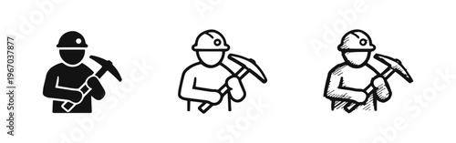Miner with Hard Hat and Pickaxe Icon Set, Mining Industry Worker Symbol
