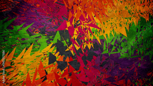 Abstract overlapping colorful triangles in vivid red orange yellow green purple dynamic geometric painterly design