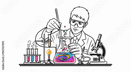 Person in lab coat conducts colorful experiment with beaker, test tubes and microscope
