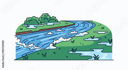 Flowing river with rapids and green banks under a white sky