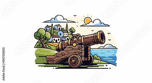 Old cannon guarding picturesque coastal village under sunny skies