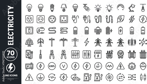 A collection of line icons representing various electricity and power concepts on a clean white background Ai, eps, jpg, transparent background, eps