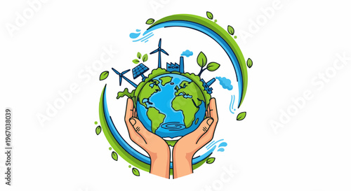 Hands cradle Earth with renewable energy sources and greenery