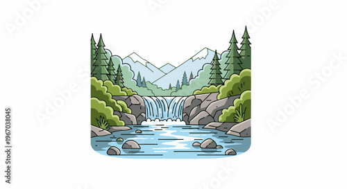 Mountain waterfall cascading into a calm river surrounded by trees and rocky banks