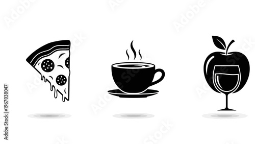 Minimalist Black and White Icons of Food and Beverages Including Pizza Coffee and Fruit Drink