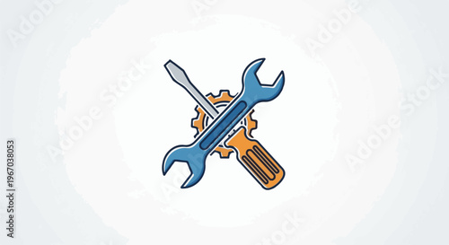 Crossed wrench and screwdriver with gear symbol on white background