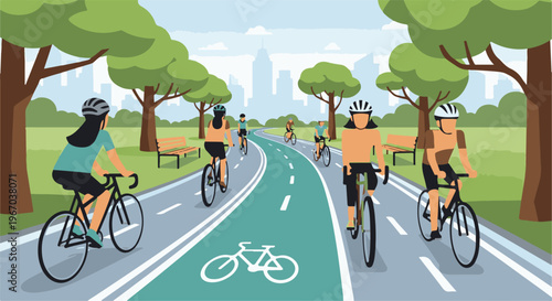 Group of cyclists on a scenic park path with city skyline background