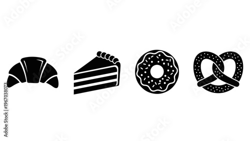 Minimalist Black and White Icons of Various Pastry Items Including Croissant Slice Cake Donut and