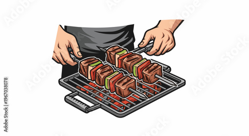 Hands cooking skewers with meat and vegetables on a barbecue grill