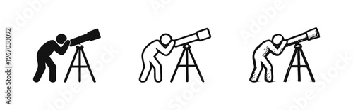 Person looking through a telescope icon set. Astronomy observer symbol in various styles, including silhouette and hand-drawn.