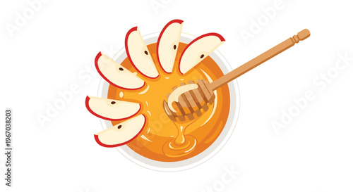 A white bowl of golden honey with a wooden dipper and five red apple slices is arranged on a white background.