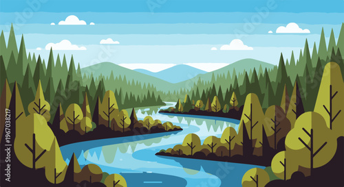 Pixel art river flowing through a dense forest with distant mountains