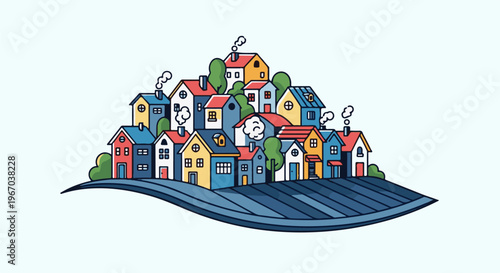 Charming cluster of colorful, cartoon houses on a rolling hill