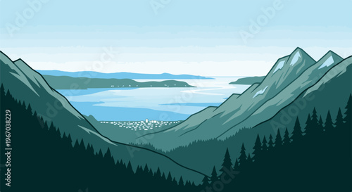 Pixel art landscape with mountains, trees, a town and a body of water