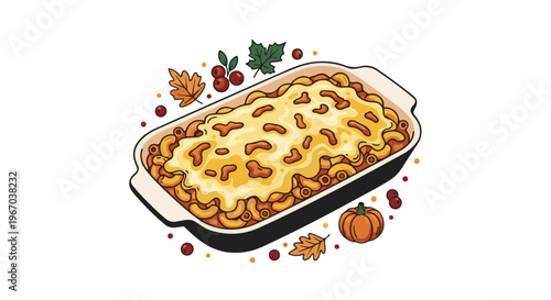 Hearty macaroni and cheese in a baking dish, adorned with fall foliage