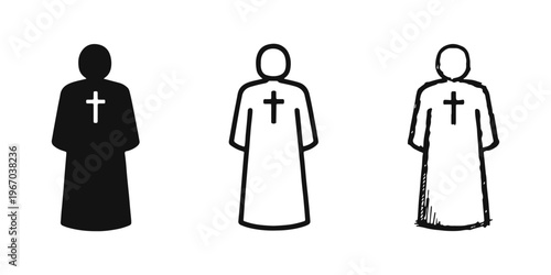 Priest or cleric with a cross icon set. Religious figure symbol in various artistic styles, including silhouette and hand-drawn.