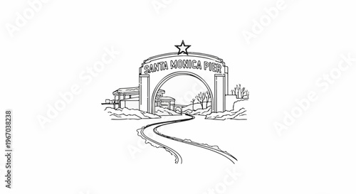 Iconic archway entrance with a star above, leading to a pier, on a sunny day