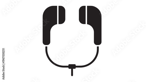 Headphones icon with black simple design for audio and music playback featuring earbuds, sound, listening with device and technology elements for