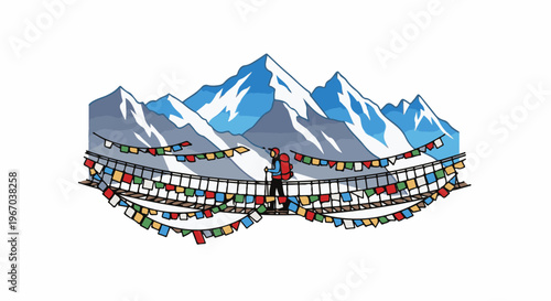 Hiker crosses prayer flag-adorned suspension bridge with snowy mountains backdrop