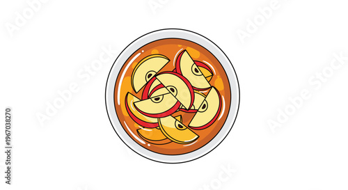 A white bowl filled with red and yellow apple slices submerged in a golden-brown liquid is seen from a top-down perspective.