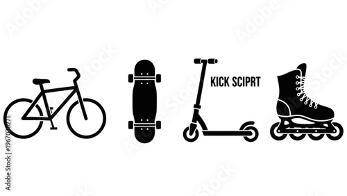 Minimalist black and white illustrations of various sports equipment including bicycle skateboard