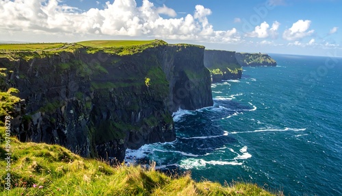 A rugged cliffside meets the vast blue ocean under a cloudy sky