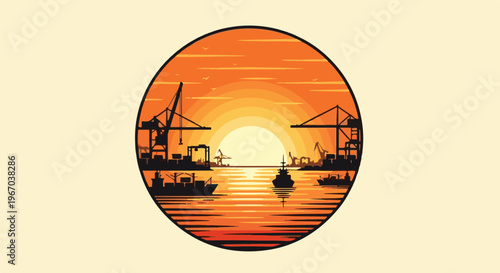 Cargo ships and cranes at a harbor during a vibrant sunset