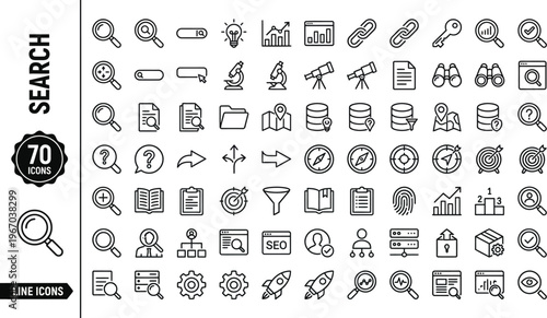 A collection of line icons depicting various search and SEO related concepts and tools. Ai, eps, jpg, transparent background, eps