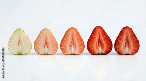 Five halved strawberries in varying ripeness stages lined up on a white surface and background with subtle reflections.