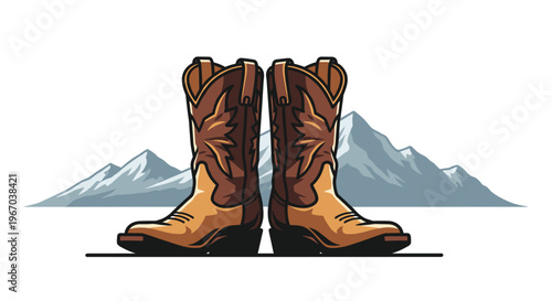 A pair of brown cowboy boots with decorative stitching stands facing outwards against a backdrop of stylized mountains on a white background.