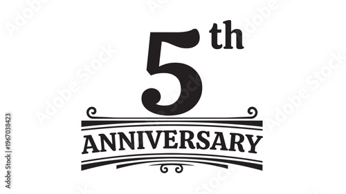 Anniversary 5th emblem with black stylish lettering and ornamental swirls for celebration design. featuring fifth, event, milestone with mark and