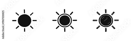 Sun with rays icon set. Weather, summer, or brightness symbol in different artistic styles, including silhouette and hand-drawn.