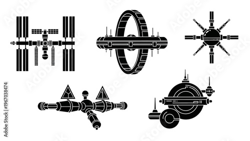 Minimalist Black and White Space Station and Satellite Vector Icons Collection