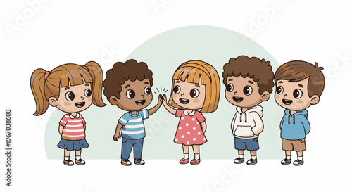 Diverse cartoon children celebrating success with high fives and smiles
