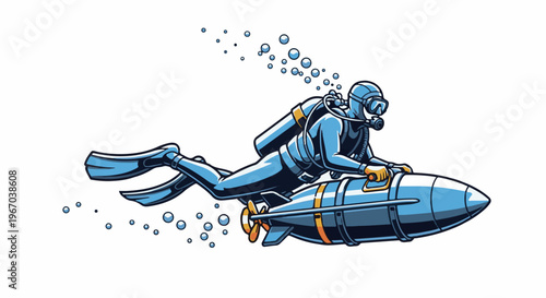 Diver on a torpedo with bubbles, blue wetsuit, white background