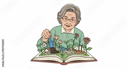 Elderly woman gardening on an open book with miniature homes, flowers, graduation cap, and cake