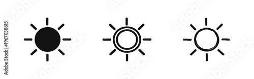 Sun icon with empty center and rays set. Daytime or brightness symbol in different artistic styles, including silhouette and hand-drawn.