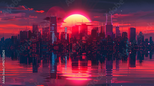 Dramatic sunset over city skyline reflecting on water with modern architecture