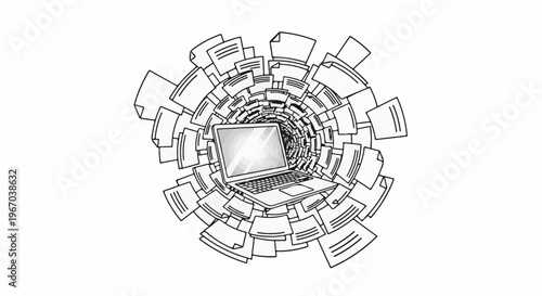 Laptop surrounded by swirling documents, symbolizing data overload or information flow