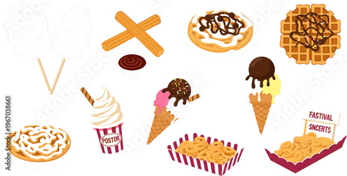 Carnival and Fair Food Collection Featuring Cotton Candy, Waffles, Churros, Ice Cream, Funnel Cake and Festival Snacks Vector Illustration Set