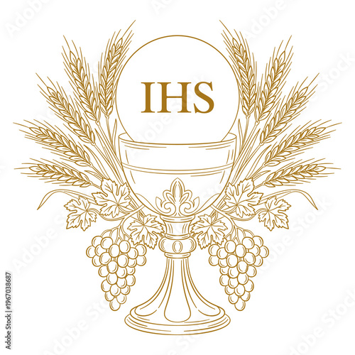 Złoty kielich eucharystyczny z hostią IHS, kłosami pszenicy i gronami winogron. Grafika na zaproszenia komunijne, kartki religijne i dewocjonalia.