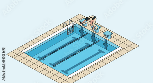 Isometric view of swimmer preparing to dive into a pool