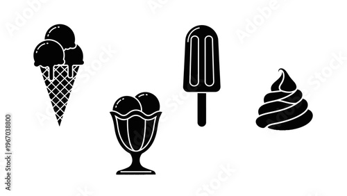 Minimalist Ice Cream Icons Set Featuring Cone, Sundae, Popsicle and Soft Serve
