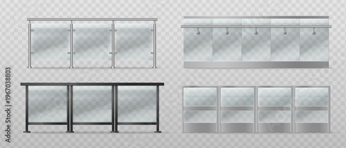 Modern glass balcony railing with black and silver metal frame and transparent panels, realistic 3D vector illustrations isolated on background. Balustrade for terrace, office building or pool barrier