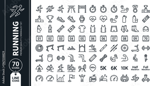 A collection of line icons depicting various running and fitness related symbols and objects Ai, eps, jpg, transparent background, eps