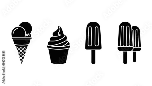 Minimalist Ice Cream and Frozen Treats Icon Set in High-Contrast Black and White Style