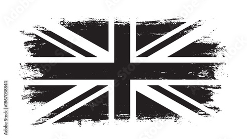 Union Jack flag with distressed brush stroke texture in monochrome black and white. featuring United Kingdom, Great Britain, grunge with textured and